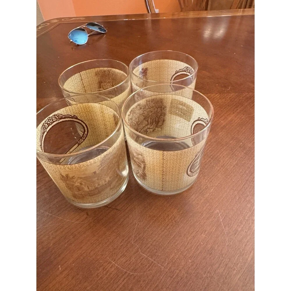 4 Courier & Ives Rocks Glasses Tumblers Homestead Seasons Gold Rims Old Home